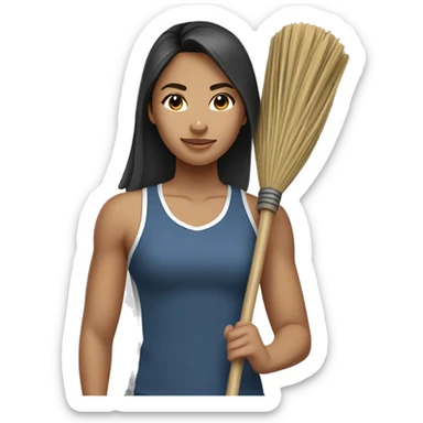 Mid 30 year old filipina holding broom stick westing gym clothes  sticker