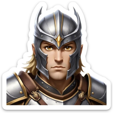 Cinematic Realistic WoW Human Warrior Portrait, head tilted epicly and inquisitively, showcasing a commanding presence and heroic grace. His chiseled features, resolute eyes, and meticulously crafted steel armor with leather accents in harmonious greys and bronzes are rendered with lifelike clarity and dramatic lighting, high shine, epic and awe-inspiring, embodying the spirit of a warrior poised for battle. sticker