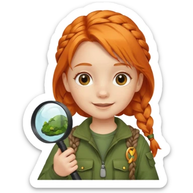 braid orange haired girl kid in moss green explorer outfit, holding magnifying glass, smile sticker