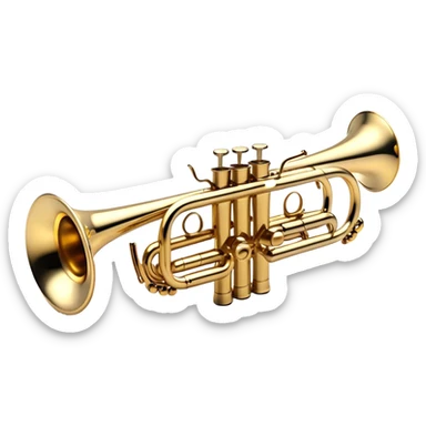 Create a sleek and professional emoji representing a Stomvi trumpet. The design should showcase the shiny, polished brass body of the trumpet with its distinct bell, valves, and tuning slides. Highlight the intricate keywork and the valve pistons, with detailed metallic accents and subtle reflections on the surface. The mouthpiece should be visible at the top of the instrument. Use golden and brass tones with light reflections to emphasize the smooth, high-quality finish. Add a few musical notes floating around the trumpet to evoke its bright and resonant sound. The background should be transparent. sticker