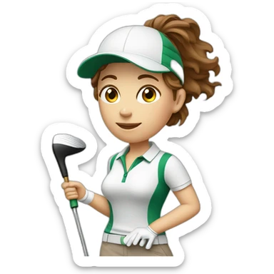 female with brown wavy hair dressed in golfwear with golf club and golf ball sticker