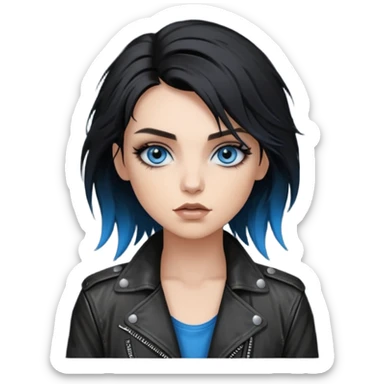 
 rockstar girl with black disheveled hair, blue eyes, Smokey eyes grunge makeup,  sticker