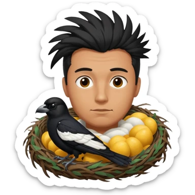 A man who has hair on the top of his head, that is actually an Australian Magpie, birds nest. sticker