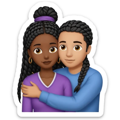 dark skin, black girl with black braids, hugging her middle eastern boyfriend with straight parted brown hair and light skin sticker