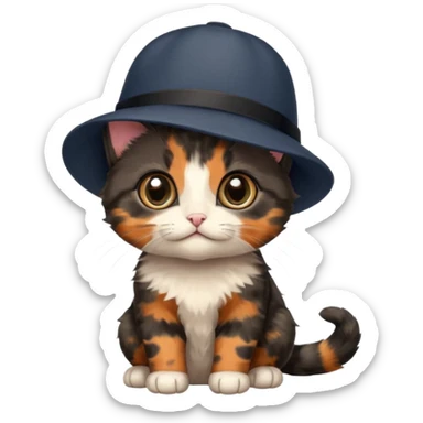 Cute mostly black tortoiseshell kitten wearing a british hat sticker