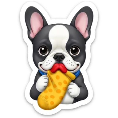 Black and white frenchie eating a sock  sticker