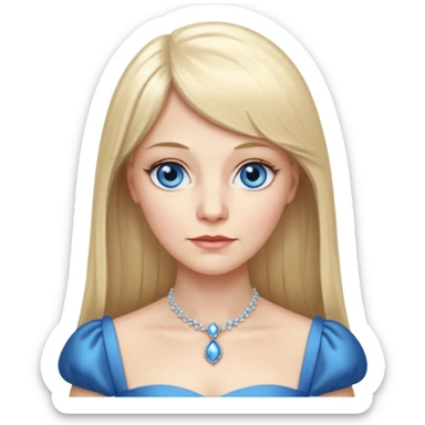 450 yr old white woman, pale skin, long straight blond hair parted in center, blue eyes, bangs, clothes for dinner sticker