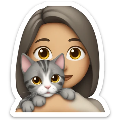 brunette girl snuggling grey tabby cat sticker