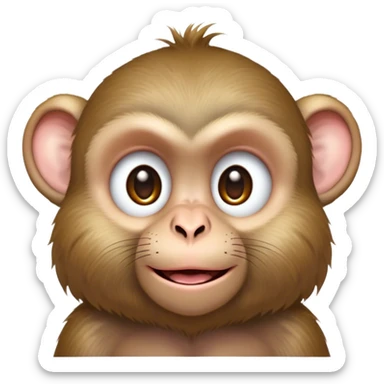 Cinematic Cute Macaque Portrait Emoji, Head tilted playfully and inquisitively, with a charmingly mischievous face accented by soft, fuzzy fur and round, sparkling eyes filled with curiosity, Simplified yet irresistibly adorable features, highly detailed, glowing with a warm, friendly glow, high shine, affectionate and lively, stylized with a touch of primate whimsy, bright and endearing, soft glowing outline, capturing the essence of a playful macaque that seems as if it could jump out of the screen into your arms! sticker