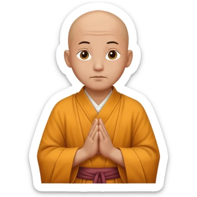 A bald monk wearing traditional robes, calm expression, hands clasped, in a serene setting sticker