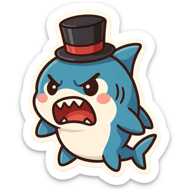 angry cartoon shark with a top hat, bold style, chibi stickers style, vibrant colors sticker