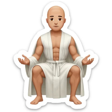 fullbody jacked bald guy, sleeveless and unbuttoned in full white robe sitting without chair and hands down sticker