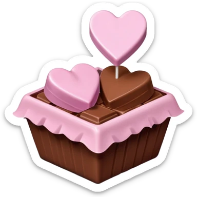 Two square milk chocolate , Each praline is a sharp-edged cube with smooth glossy chocolate coating, placed in a small white fluted paper candy cup. On top of each cube is a flat pastel pink heart-shaped icing sticker
