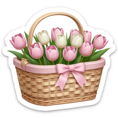 A white Picnic basket with light pink bow, white peonie, tulips sticker