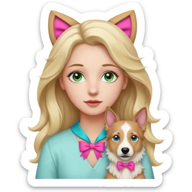 A white Long Wave blonde Hair Woman with blue-green eyes with a Brown eyed White Shepard with a little bit beige in then end of the ears and a lneom Link bow in neck in a lovely pose sticker