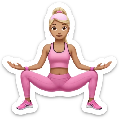 Mujer color de piel moreno claro con cabello rubio suelto y lacio, que tenga gloss en los labios y se vea usando Blush rosita, usando un top rosa deportivo y leggins deportivo rosa en una pose de yoga, viendo hacia enfrente con ojos negros y sonriendo sin mostrar los dientes sticker
