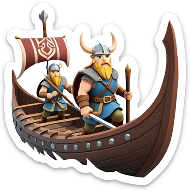 clash-of-clans-aesthetic_-cinematic-viking-longboat, rendered in a flat, bold vector style with minimal shading, featuring a striking dragon-headed prow slicing through icy, churning waters. shields on the side and vikings rowing The longboat’s intricately detailed shields and carved motifs evoke a sense of epic adventure and Nordic might, with billowing sails catching a dramatic, stormy sky backdrop. sticker