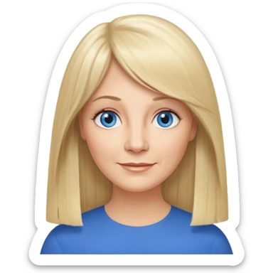 50 yr old white woman, curtain bangs, very long straight blond hair, oval face, small smile, blue eyes, thin face, hair downback, hair parted at center of head, round cheeks, pale, longer hair sticker
