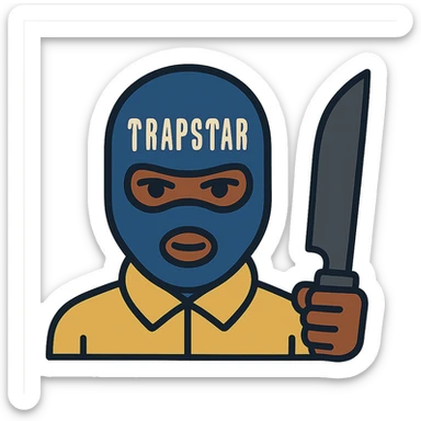 Black person with English appearance wearing a Trapstar balaclava, holding a black machete knife sticker