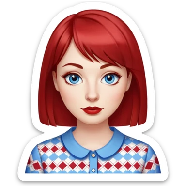 Woman in her 30s with clear white skin, oval face, large blue eyes with eyeliner, thin eyebrows, small nose, medium lips with red lipstick, dark red straight hair with bangs, wearing a red and white patterned shirt, friendly expression sticker
