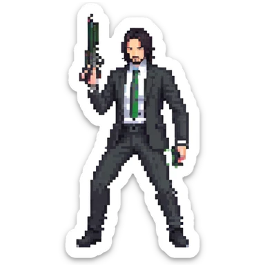 John Wick character with black suit, long dark hair, holding a gun sticker