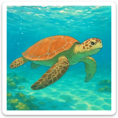 sea turtle in beautiful clear turquoise caribbean sea underwater sticker