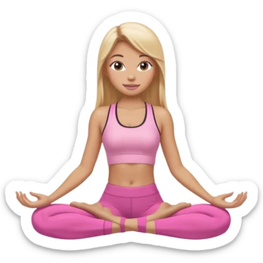 Mujer color de piel moreno claro con cabello rubio suelto y lacio y largo, que tenga gloss en los labios y se vea usando Blush rosita, usando un top rosa deportivo y leggins deportivo rosa en una pose de yoga sentada, viendo hacia enfrente con ojos negros y sonriendo sin mostrar los dientes sticker