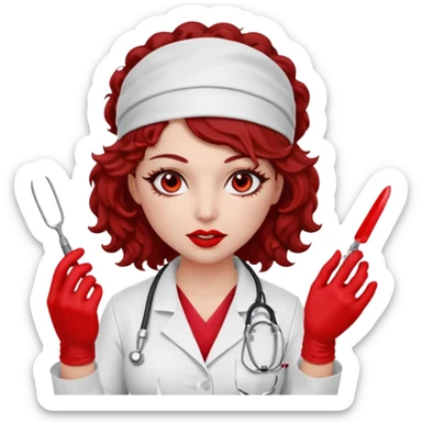 Lilith scalpel in hand, evil surgeon sexy surgeon clothes.  She has red eyes. Dark brown curly hair. Wears sexy doctor outfit with red gloves.covers her mouth necknose with red bandana to hide  her identity. Hair is long and brown hair is free but bandana must cover her mouth sticker