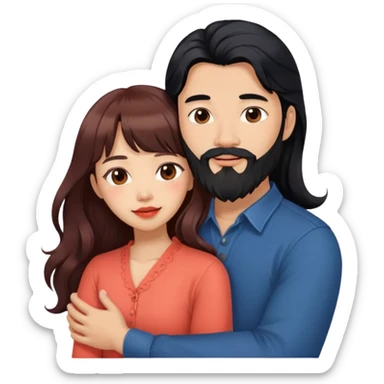 handsome asian man with long black hair and beard, hugging cute tan skin woman with long wavy reddish brown hair with bangs and coral lipstick sticker