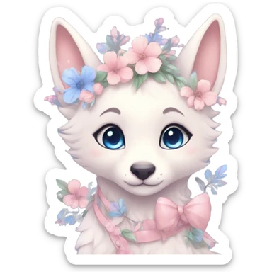 Anthro Cute Cool Blushing Pastel Innocent Shy Kawaii gorgeous sparkly ethereal fantasy animal creature with blue eyes furry sona with flowers and ribbons beautiful aesthetic sticker