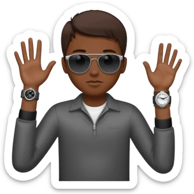 Un niño con pelo lacio color castaño,con lentes de sol negros y un reloj en la muñeca sticker