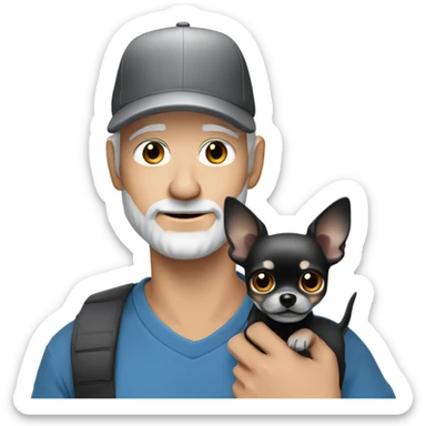 Handsome blue eyed man, with grey hair,  and grey goatee beard, wearing ball cap, holding a black long hair chihuahua  sticker