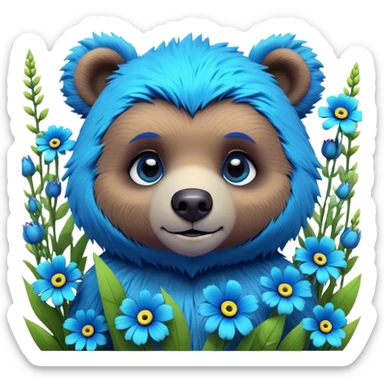 3D, adorable little Pixar style blue neon punk bear in a field of flowers, ultra detailed, each lash, eye, and strand of fur is shown in stunning detail as though captured in a timeless photograph, rich textures, visually rich, so lifelike it feels like it could leap off the page at any moment sticker