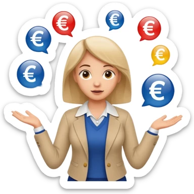A confused female kindergardenteacher shrugging shoulders with euro symbols and documents floating around. sticker