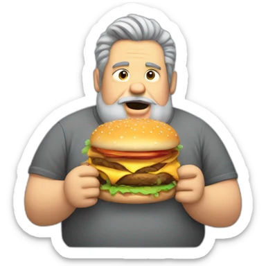 Fat man with grey shirt hair and a big beard eating a burger sticker