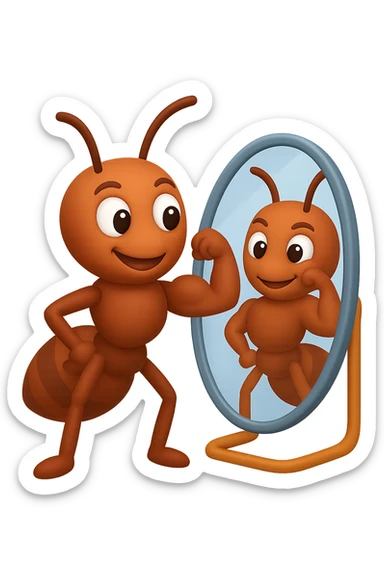 EMOJI STILE IPHONE 3D DI una formica che si guarda allo specchio felice e sicura di sè mentre contrae il suo bicipite muscoloso, fagli anche la parte bianca degli OCCHI, non solo la pupilla sticker