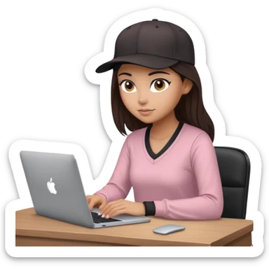 A professional 3D avatar of a young woman with olive skin and long, dark brown hair, wearing a dark, long-sleeved V-neck dusty pink shirt and a black baseball cap. She's sitting at a sleek wooden desk, typing and looking at a silver MacBook.  sticker