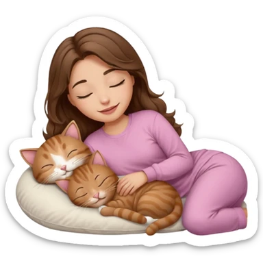 girl with wavy long brown hair, brown eyes, light to medium complexion, long lashes, light pink lipstick, smiling, wearing light pink shirt, sleeping on a cozy pillow, with brown tabby cat, sleeping sticker