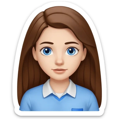 A pretty white girl with long brown hair dark eyebrows and braces and blue eyes wearing a white shirt sticker