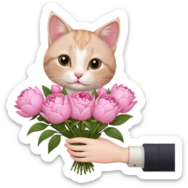 Cute cat Handing pink peonies like reaching a hand and handing them out a bouquet of them with a couquette sticker