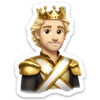 1 young handsome white king with flowing dirty blonde hair, hazel eyes, stubble, a gold crown with a cheetah print sash sticker