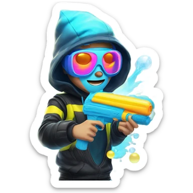 Caucasian boy in glowing rave outfit with mask, sunglasses, and headgear, shooting bubbles out of a water gun sticker