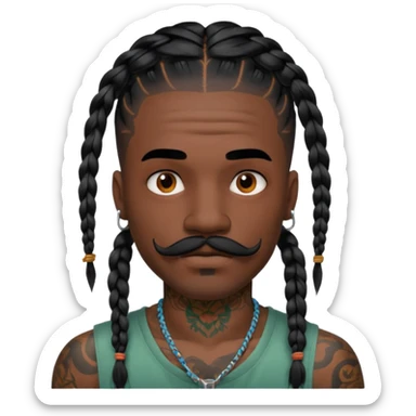 big lose braids starting from the top of the head man with mustache face wiith big visible loose only two braids and lots and lots of colored face tattoos colored tattoos like a tattoo artist hair unique color sticker