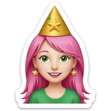A girl with long pink hair and green eyes with long eyelashes and a smiley face. She has freckles and a lit of bit of pink lipstick on her mouth, she’s also got a full gold birthday party hat on her head with gold pom poms on top of it, and her T-shirt is all red, she wore gold star earrings  sticker