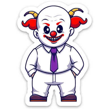 full-body demonic clown in a white leisure suit with bellbottom pants, bald, black ram horns, elevator shoes, flashy belt, ruffled shirt, colorful tie sticker