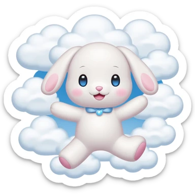 Cinnamon roll from sanrio dancing in the clouds that looks just like him from the cartoon blue eyes pink cheeks white body and filled with cuteness sticker