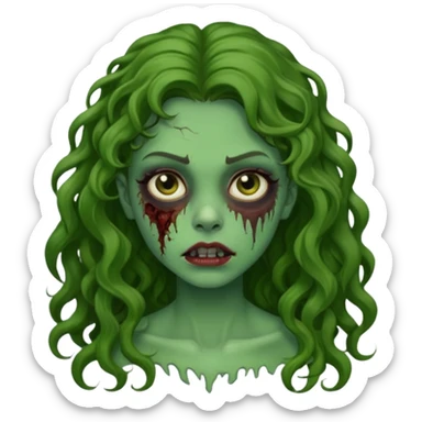 faça uma garota zombie, com a pele verde, cabelo castanho cacheado abaixo do ombro linda sticker