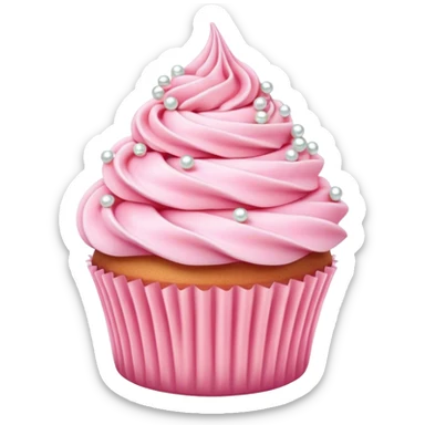 Cinematic Realistic Pink Cupcakes, fluffy pastel pink frosting swirled elegantly on top of golden cupcakes, tiny edible pearls adding a delicate touch, soft warm lighting creating a dreamy atmosphere, glowing with sweetness and charm. sticker