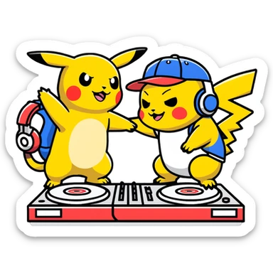 Hot handsomeb muscular 6ft tall smiling happy clean shaven ash ketchum being a  dj and his music rocks while kissing pikachu sticker