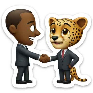 A cheetah in a classic suit shakes hands with a man  sticker
